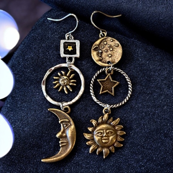 Boho Celestial Charm Earrings - Bronze and Silver toned Bohemian Boho Celestial - Picture 16 of 17